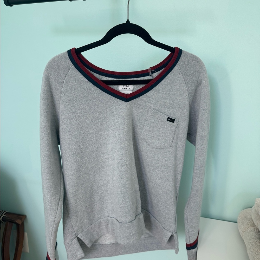 RVCA Gray V-Neck Sweater with Red and Blue Trim
